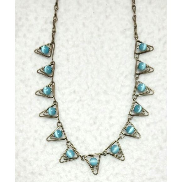 Ethnic Hippie Boho Necklace Choker Wire Wrapped Blue Cat's Eye Beads Silvertone - Picture 1 of 6